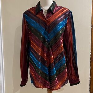 Sheer Multi-Stripe Button-Up Blouse - Jewel Tones
